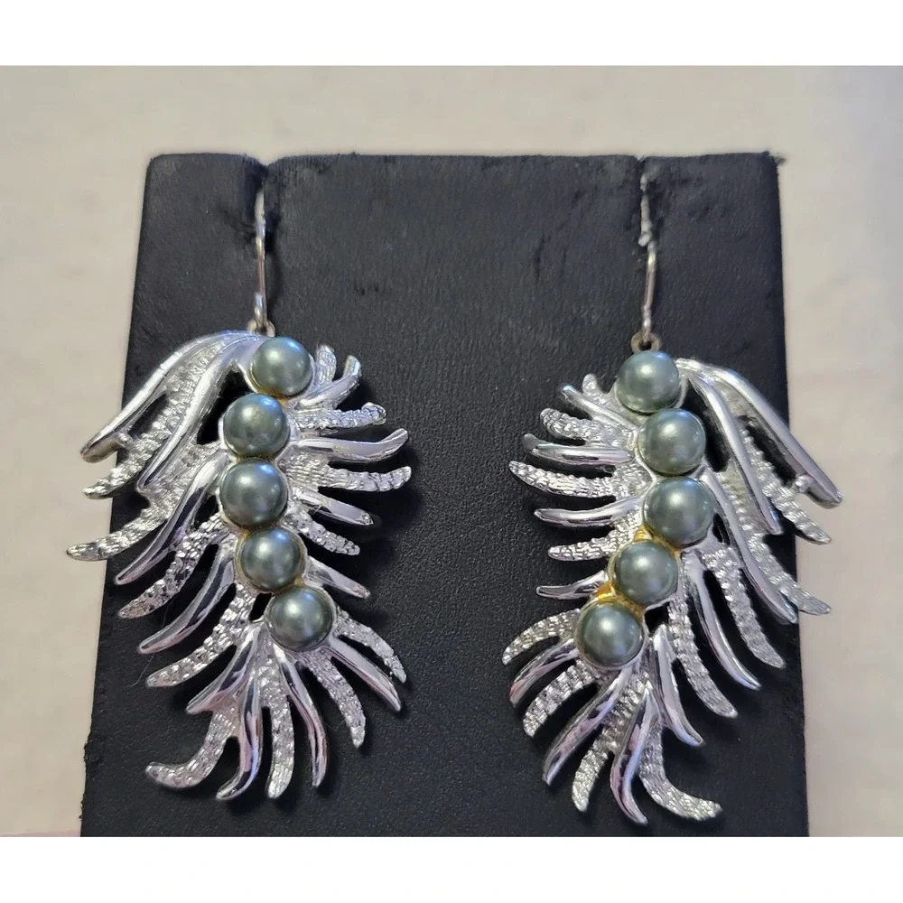 Vintage SARAH COVENTRY Gray‎ Faux Pearl Feather Fantasy Converted Hook Earrings